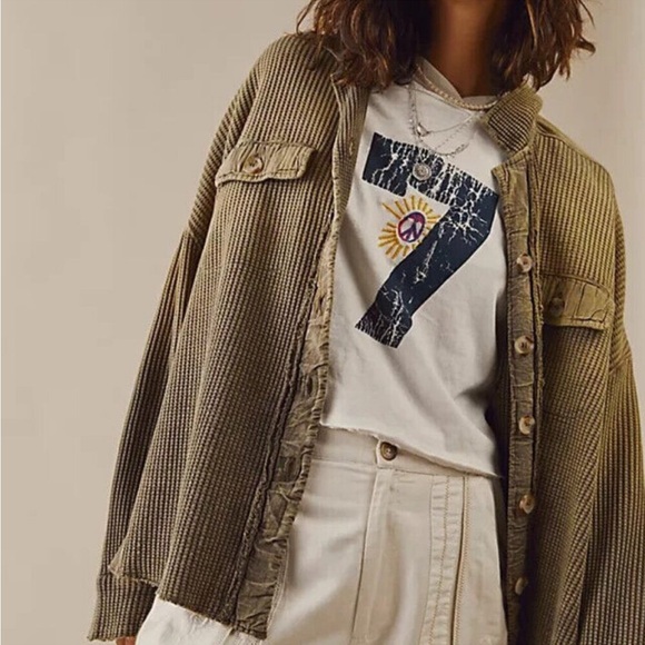 Free People scout jacket shacket waffle knit button up Olive Green Women Jacket - Picture 4 of 4